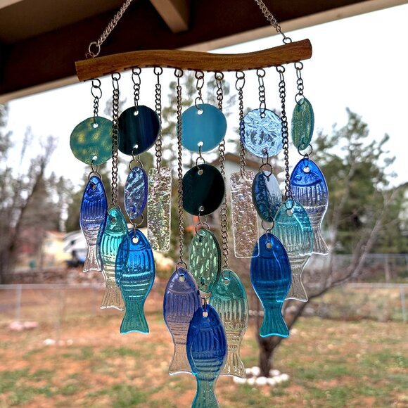 Stunning Stained Glass & Blue Glass Fish Wind Chime - Beach Decor - Picture 9 of 14